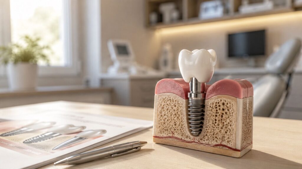 Prierezový model zubného implantátu zasadeného v čeľustnej kosti na stole zubára – viditeľné vrstvy kosti, ďasna a trojdielna konštrukcia implantátu. Vedľa leží brožúra a pero.