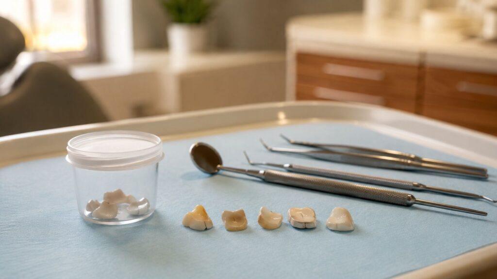 Profesionálny dentálny anatomický model (typodont) na bielom stole v zubnej ambulancii, zobrazujúci hornú a dolnú čeľusť so zubami v rôznych stavoch. Vedľa leží zubárska sonda.