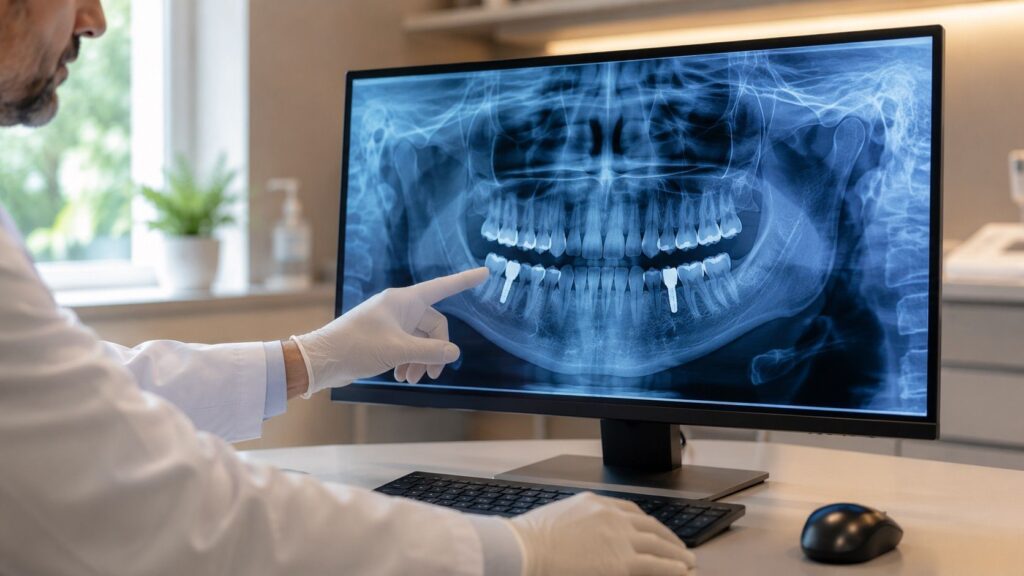 Zubár v rukaviciach ukazuje na panoramatický RTG snímok čeľuste s implantátmi na veľkom monitore v modernej ambulancii. Na stole klávesnica a myš.