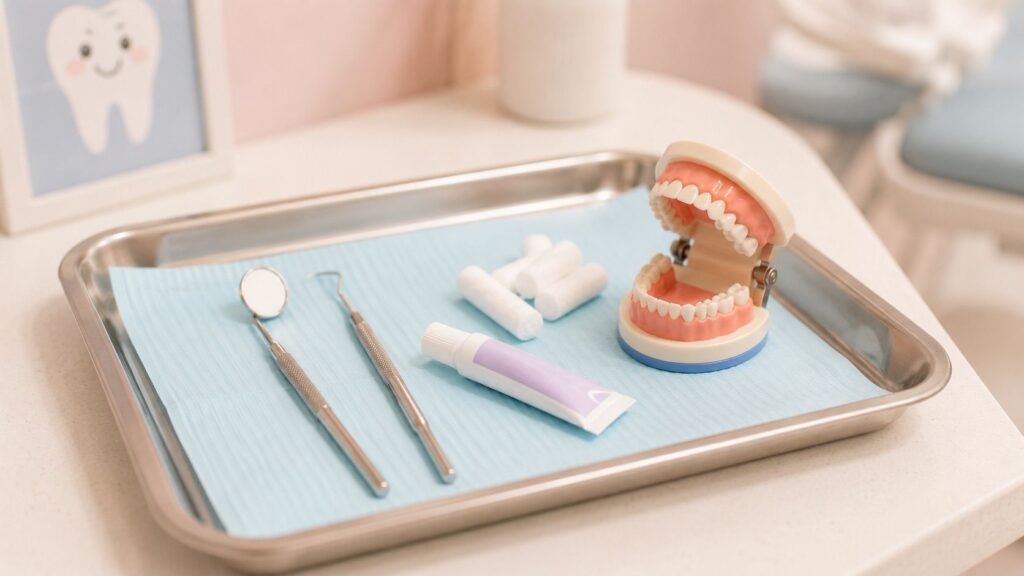 Sterilný tácok s detskými zubnými nástrojmi v pediatrickej ambulancii – zubárske zrkadielko, sonda, vatové tampóny, fluoridový lak a farebný model detského chrupu na modrej utierke.