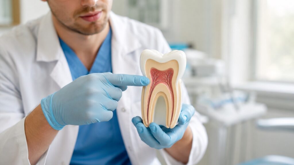 Zubár v rukaviciach drží anatomický model zuba v reze, na ktorom je vidieť zubnú dreň a koreňové kanáliky.