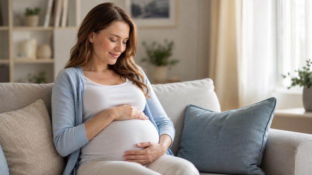 Tehotná žena pokojne sedí na gauči a jemne si drží bruško, pokojná domáca chvíľa.